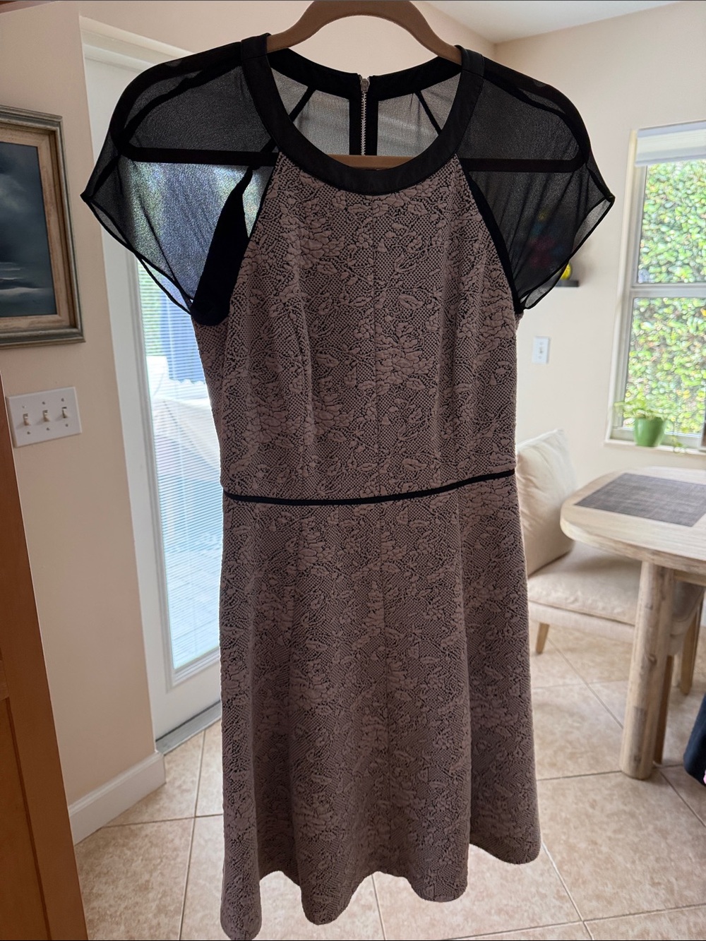 Rebecca Taylor Taupe print w/sheer sleeves Pattern Midi Dress black leather trim